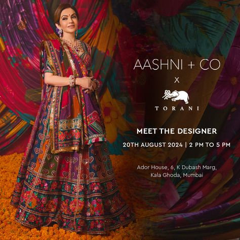 Nita Ambani in a #Torani lehenga from the "Juloos" collection, an amalgamation of custom motifs and eye-catching colours. Browse the "Juloos" & "Leela" collections at #AashniKalaghoda and meet the designer behind these captivating looks. 20th August | 2 pm to 5 pm | Aashni + Co Kalaghoda Aashni + Co Ador House, 6, K Dubash Marg, Kala Ghoda, Fort, Mumbai, Maharashtra 400001 Timings: 11:00 am - 7:00pm IST 📞+91 2235305776 For any assistance or for booking an appointment please write to us on... Nita Ambani Lehenga, Torani Lehenga, Ambani Lehenga, Nita Ambani, Mumbai Maharashtra, Lehenga Designs, Eye Catching Colors, Mumbai, Lehenga