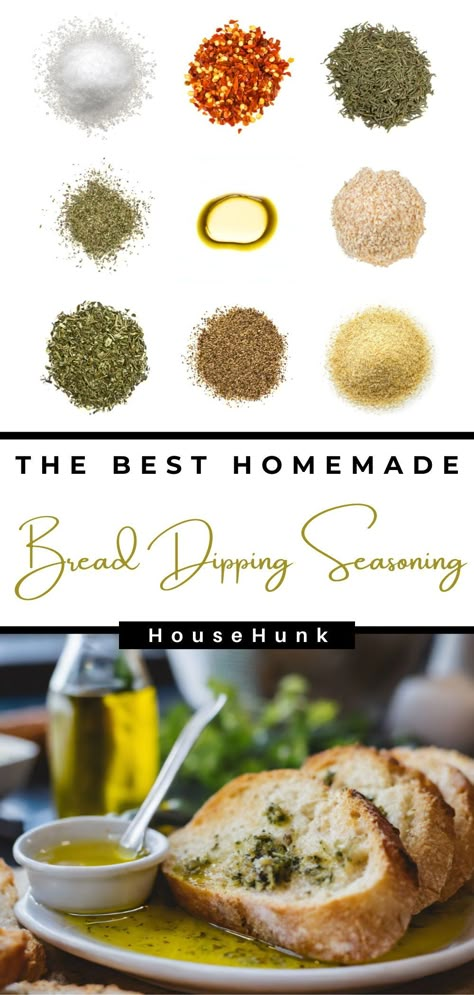 Add flavor to your bread with Homemade Bread Dipping Seasoning! This easy-to-make blend of herbs and spices mixed with olive oil creates a delicious dipping oil for fresh bread. Try it today! Bread Dipping Spices Seasoning Mixes, Oil And Herbs For Bread, Oil And Seasoning Bread Dip, Dipping Seasonings For Bread, How To Make Dipping Oil For Bread, Oil And Spices For Bread, Oil To Dip Bread In, Oil Herb Bread Dip, Oil For Dipping Bread Herbs