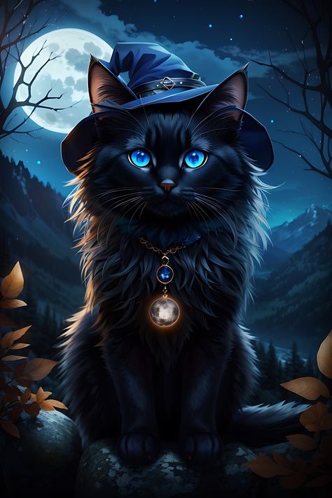 Spooky Halloween Pictures, Cats Halloween, Scary Cat, Halloween Cats, Magic Cat, Halloween Artwork, Cute Fantasy Creatures, Black Cat Art, Witch Cat