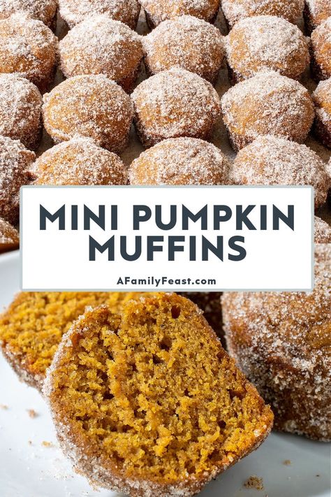 Mini Pumpkin Muffins - A Family Feast Vegan Pumpkin Mini Muffins, Pumpkins Recipes, Pumpkin Mini Muffins, Pumpkin Spice Cookie Recipe, Mini Pumpkin Muffins, Toddler Muffins, Baking Fails, Potluck Ideas, Mini Pumpkin Pies