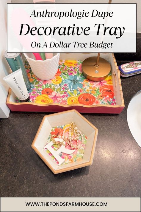 DIY Anthropologie-Inspired Decorative Trays On Dollar Tree Budget Diy Coffee Table Tray Dollar Store, Decoupage Tray Ideas, Diy Tray Makeover, Diy Decorative Tray, Diy Coffee Table Tray, Diy Trays, Anthropologie Diy, Diy Anthropologie, Rub And Buff