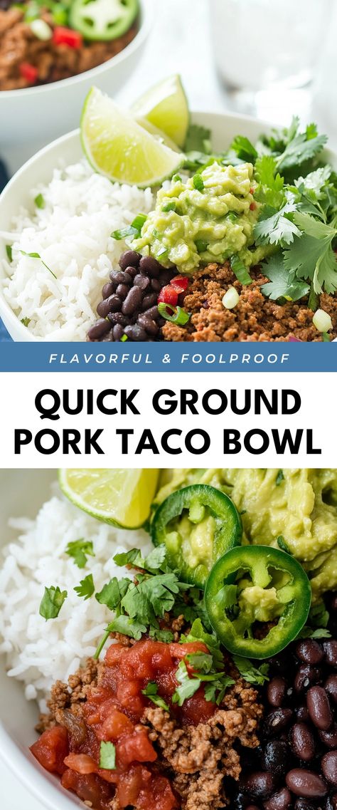 Image for Quick Ground Pork Taco Bowl Ground Pork Burrito Bowl, Ground Pork Mexican Recipes, Meals With Ground Pork, Ground Pork Recipes For Dinner Easy, Pork Taco Bowls, Pork Taco Bowl, Ground Pork Recipes For Dinner, Ground Pork Tacos, Cilantro Tacos