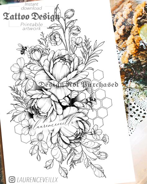 Instant Download Tattoo Design Peony Bee and Wildflower | Etsy UK Wildflowers Tattoo, Honeycomb Tattoo, Wildflower Tattoo, Wildflower Design, Tattoo Templates, Flower Sleeve, Flower Tattoo Sleeve, Stencils Printables, Floral Tattoo Design