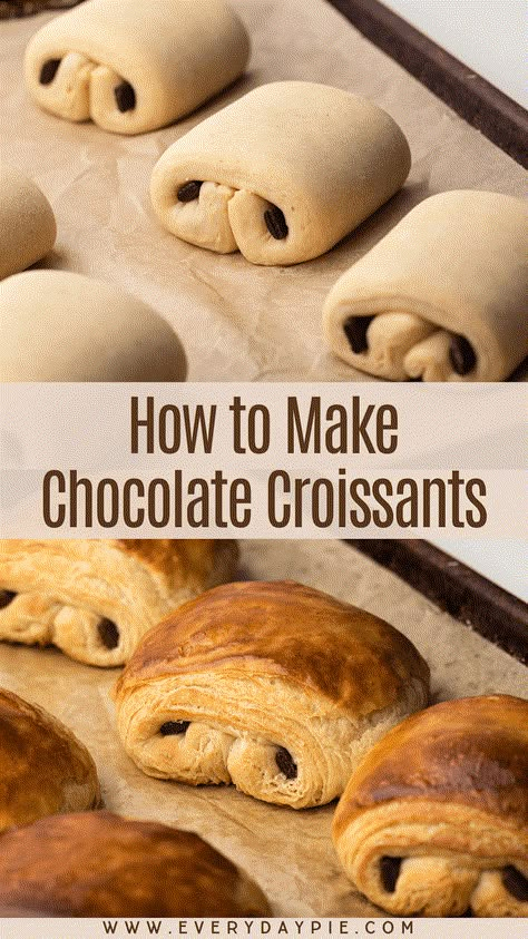 Learn to make the most delicious homemade chocolate croissants (also known as Pain au Chocolat) with this comprehensive guide featuring step-by-step photos, a video, and best tips! Homade Croissant, Diy Chocolate Croissant, Butter Crossiant Recipes, Homemade Chocolate Croissant Recipes, Chocolate Crossant Recipes, Chocolate Crossiants Recipes, Panera Chocolate Croissant, Easy Chocolate Croissants, How To Make Croissants