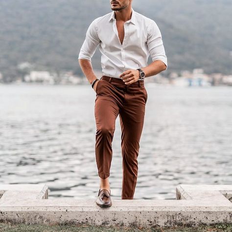 Rate this outfit 1-10 😍👌🏽 #menwithclass Brown Pants Outfit, Mens Office Wear, Party Outfit Men, Mens Business Casual Outfits, Pants Outfit Men, Formal Men Outfit, Classy Outfits Men, Wedding Outfit Men, Men Fashion Casual Shirts