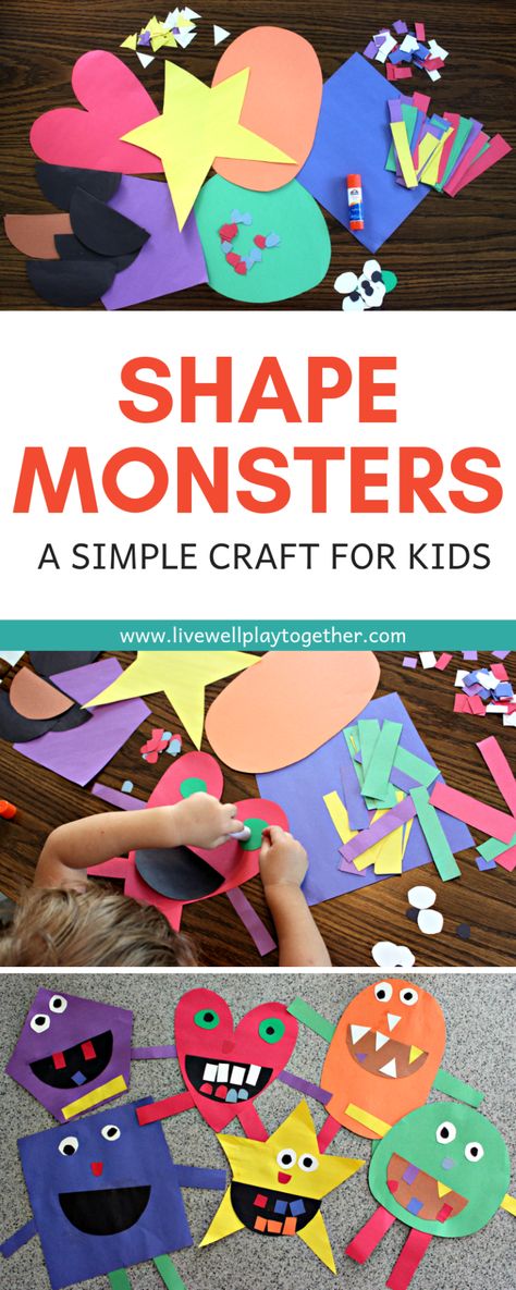 Shape Monsters are an easy way to teach shapes and colors to kids and make a great Halloween craft. This shape monster craft is easy to put together and lots of fun to create! Perfect for preschoolers and kindergarteners. From livewellplaytogether.com | #shapemonsters #teachingshapes #shapesactivity #preschoolshapes #learnshapes #halloweencrafts Shape Monster Craft, Shape Monster, Monster Craft, Teaching Shapes, Monster Crafts, Shapes Preschool, Halloween Preschool, Craft Kids, Shapes And Colors