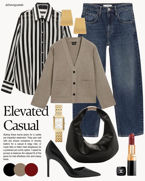 Two elevated casual looks. Drape those gorgeous cardigans over your shoulders and stay cozy on cooler days. And when it comes to Barrel jeans (Outfit no.2) I know they can be tricky to style and aren’t everyone’s cup of tea, especially if you don’t have the longest legs like me 😉🥹 Adding heels, which I opted for in today’s styling, can help elongate your legs and prevent the look from feeling too bulky on the bottom. Let me know which of the two outfits you prefer!♥️🙌🏼 Comment “LINK” below... Jeans Heels Outfit, Outfit Casual, Sporty Outfits, Office Fashion, Jean Outfits, Business Casual, Elegant Style, No. 2, Casual Chic