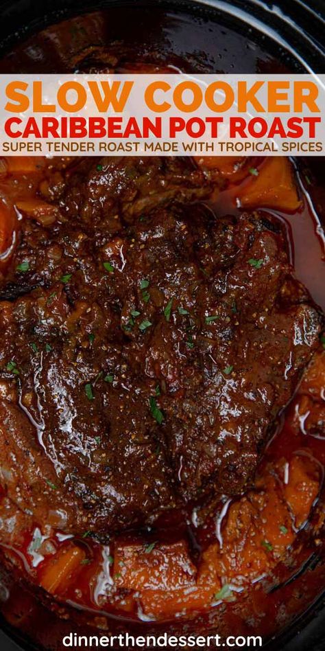 Slow Cooker Caribbean Pot Roast is a perfectly tender chuck roast full of tropical spices with sweet potatoes and root vegetables. #slowcookerpotroast #caribbeanpotroast #crockpottpotroast #slowcookerrecpies #crockpotrecipes #dinnerthendessert Tender Chuck Roast, Crockpot Roast Recipes, Chuck Roast Recipes, Roast Beef Sandwich, Best Pot Roast, Slow Cooker Roast, Pot Roast Slow Cooker, Roast Beef Recipes, Pot Roast Recipes