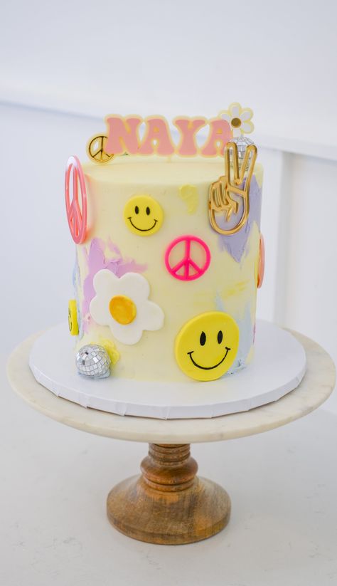 Buttercream Cakes | The Modern Bakery | Macaron & Sweet Boutique Cute Preppy Cake Ideas, Favorite Things Cake Design, Preppy Birthday Cake Smiley Face, Preppy Party Cake, Preppy Smiley Face Cake, 7 Is A Vibe Birthday Cake, Happy Face Birthday Cake, Peace Out Single Digits Party Cake, Groovy Birthday Cakes