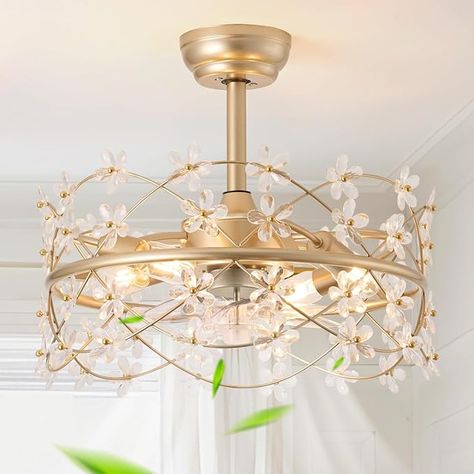 youngrender 20 Inch Gold Caged Ceiling Fan with Light, Flower Chandelier Ceiling Fan with Lights Remote Control, Modern Crystal Fandelier 6 Speeds for Girl's Bedroom, Living Room - Amazon.com Girly Ceiling Fan, Ceiling Fan Chandelier Bedroom, Cute Ceiling Fans, Chandelier Fans Ceiling Bedroom, Bedroom Fandaliers, Girls Room Light Fixture, Pretty Ceiling Fans With Light, White Fandelier, Girls Bedroom Light Fixture