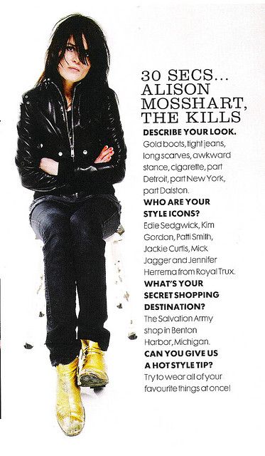 allison mosshart boots | alison mosshart | Flickr - Photo Sharing! Jamie Hince, Concert Outfit Rock, Pakaian Hipster, Alison Mosshart, The Kills, Kim Gordon, Gold Boots, Barry Manilow, Katharine Hepburn