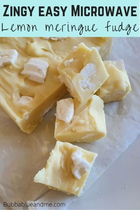 Easy microwave lemon meringue fudge recipe - Bubbablue and me Using Lemon Curd, Lemon Fudge, Lemon Sweets, Recipe Using Lemons, Microwave Fudge, Chocolate Dishes, Fudge Recipes Easy, Fudge Easy, Christmas Candy Recipes