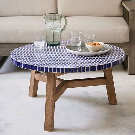 Mosaic Tiled Coffee Table - Blue Penny Mosaic Patio Table, Round Patio Table, Tile Tables, Mosaic Coffee Table, Tile Furniture, Tiled Coffee Table, Tile Table, Mosaic Table, Modern Outdoor Furniture