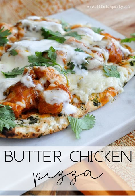 Butter Chicken Flatbread, Butter Chicken Naan Pizza, Butter Chicken Pizza Recipe, Chicken With Naan Bread, Indian Pizza Recipe, Naan Recipe Ideas, Naan Bread Pizza Recipe, Butter Chicken Lasagna, Butter Chicken Pizza