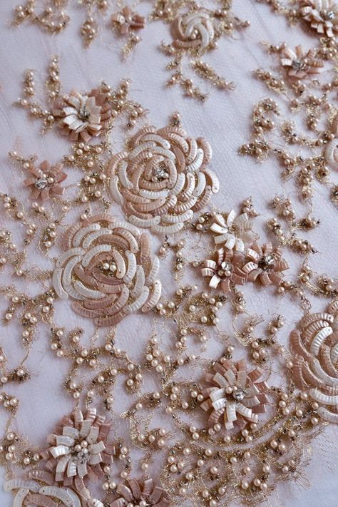 French Lace sequined with abstract roses in a field of pearls | Etsy Net Sarees, Abstract Roses, Beading Designs, Sewing Blouses, Zardozi Embroidery, Motifs Perler, Couture Embroidery, Bead Embroidery Patterns, Hand Work Embroidery