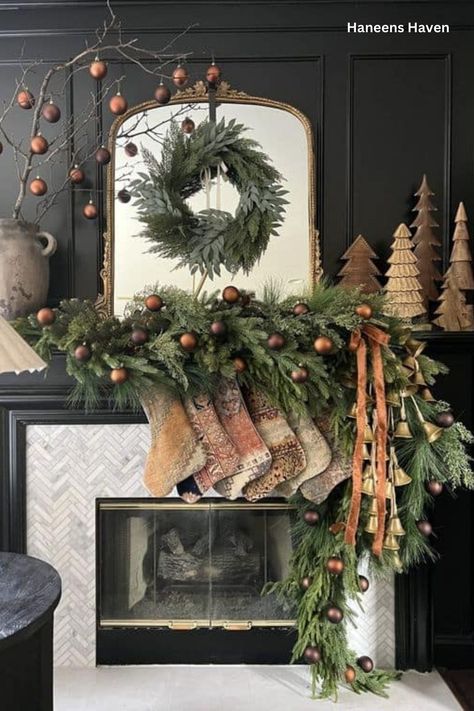 Modern Farmhouse Christmas Garland, Diy Mantel Christmas Decor, Holiday Bells Decor, French Provincial Christmas Decor, Christmas Wreath Over Fireplace, Modern Farmhouse Outdoor Christmas Decor, Rustic Christmas Mantels, Natural Vintage Christmas Decor, Art Deco Christmas Decor