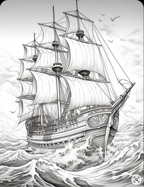 Ship Coloring Pages, Pirate Ship Drawing, Scary Ocean, Ship Pirate, Pirate Coloring Pages, Bass Fishing Shirts, Navi A Vela, Boat Drawing, Model Ship Building