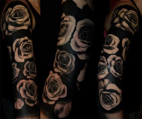 Here's a different take on black-work - Tattoo Wins And Fails - Gallery Negative Tattoo, Negative Space Tattoo, Black And Grey Rose, Solid Black Tattoo, Blackout Tattoo, Skeleton Hand Tattoo, Flower Sleeve, Flower Tattoo Sleeve, Space Tattoo