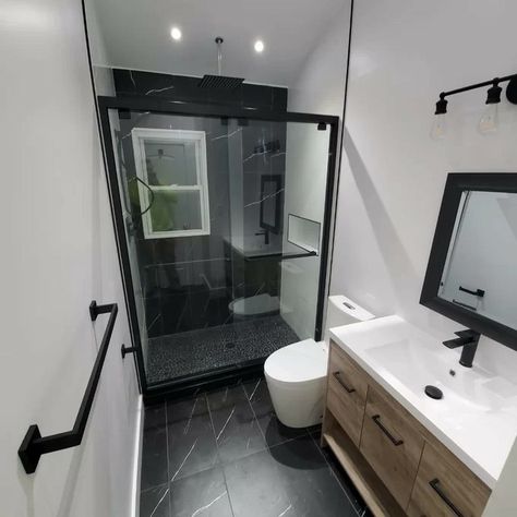 Small Bathroom Remodel Black, Bathroom Shower Ideas, Small Bathroom Renovations, Elongated Toilet, Bathroom Redesign, Small Bathroom Makeover, Bathroom Remodel Designs, Bathroom Remodel Shower, Upstairs Bathrooms