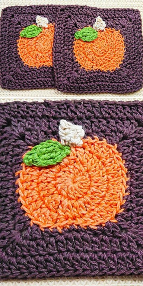 A crochet pumpkin square Quick Crochet Projects, Granny Square Crochet Patterns Free, Fall Crochet Patterns, Halloween Crochet Patterns, Fun Crochet, Crochet Fall, Crochet Stitches For Beginners, Quick Crochet, Crochet Motifs