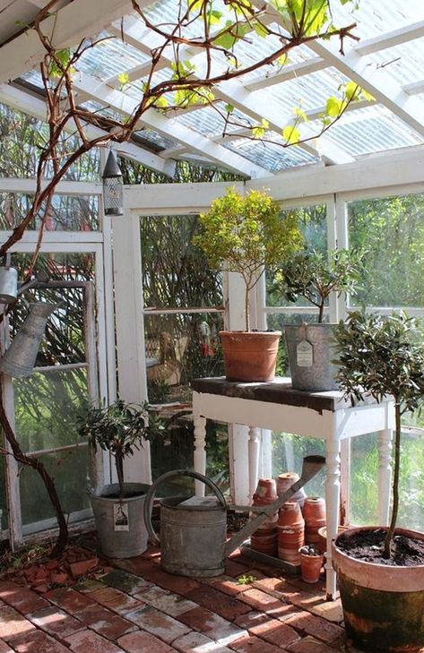 25 Beautiful Winter Gardens Integrated To Your Interior | Home Design And Interior Potting Room, Potting Area, Shed Inspiration, Potting Benches, Brick Floor, Glass Houses, Potting Tables, Greenhouse Shed, Green Houses