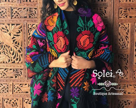 Mexican Fashion Modern, Mexican Traditional Clothing, Mexican Fiesta Dresses, Traditional Mexican Dress, Latin Fashion, Wool Shawl Wrap, Fiesta Dress, Embroidered Blanket, Embroidered Shawl