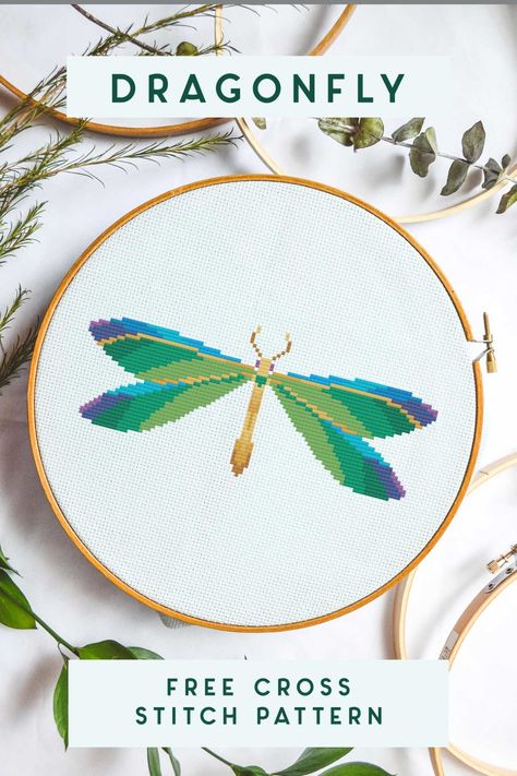 LOVE the colors on this one! Jeweled dragonfly (with or without the gold wing outline) using bright green, blue, and purples. #crossstitch #embroidery #crossstitchpattern #fiberart #gallerywall Cross Stitch Dragonfly Pattern, Dragonfly Cross Stitch Pattern Free, Wing Outline, Dragonfly Cross Stitch, Free Cross Stitch Pattern, Dragonfly Insect, Cross Stitch Borders, Diy Cross Stitch, Cross Stitch Animals