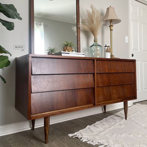 Available ✨Stunning 1960s Ward Furniture Co. Louvered Walnut Dresser, mirror included. Completely refinished & sealed. DM for details. #vintagefurnitureforsale #vintagefurniture #furnitureartist #novostudiofurniture #midcenturymodern #mcmfurniture Mcm Dresser Styling, Midcentury Dresser, Dresser Styling, Walnut Dresser, Mid Century Dresser, Mcm Furniture, Dresser Mirror, Midcentury Modern, Vintage Furniture