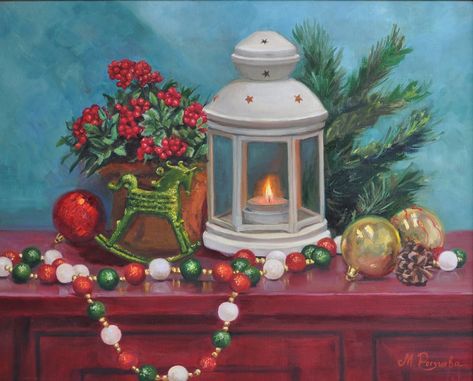 Christmas Still Life, Beads Christmas, Christmas Vignettes, Christmas Lantern, Winter Painting, Still Life Drawing, Christmas Lanterns, Photorealism, Christmas Mood