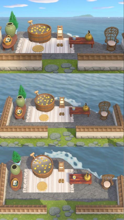 Outdoor Bath Animal Crossing, Animal Crossing Flat Island Ideas, Acnh Yuzu Bath, Normcore Animal Crossing, Animal Crossing Normcore, Acnh Island Design Ideas, Animal Crossing Hair, Cottagecore Animal Crossing, Acnh Inspiration