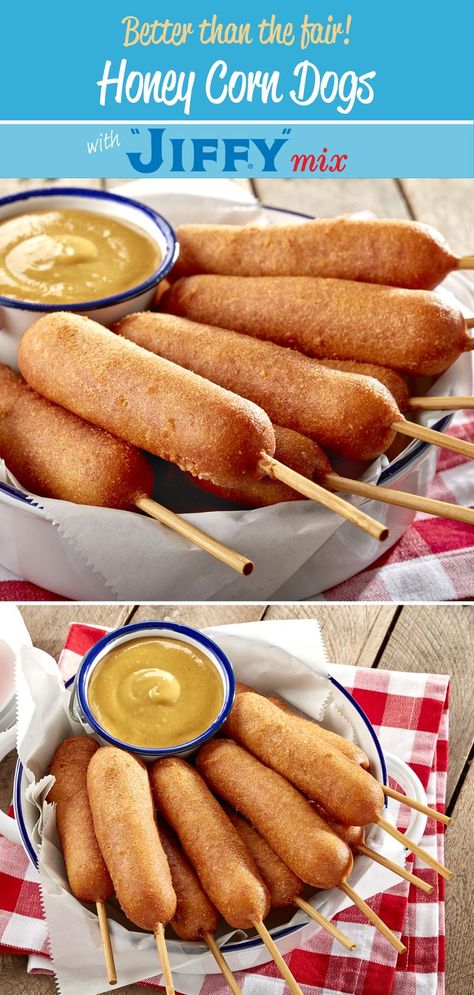 Bring the delicious taste of Summer fair Honey Corn Dogs right into your kitchen, with the help of “JIFFY” Honey Corn Muffin Mix. They’re an easy treat to enjoy all Summer long. Diy Corn Dogs Jiffy, Sausage Corn Dog Recipe, Corn Dogs Homemade Easy, Jiffy Cornbread Corndogs, Making Corn Dogs, Corn Dog Recipe Jiffy, Corn Dog Recipe Without Cornmeal, Jiffy Cornbread Hot Dogs, Jiffy Corn Muffin Mix Hot Dogs