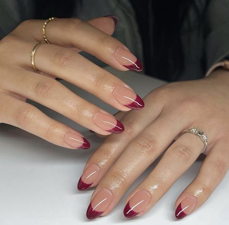 Garnett Nails, Almond French Tip Nails Color Winter, Prom Nails For Burgundy Dress, Garnet French Tip Nails, Burgundy Red French Tip Nails, Wine Tip Nails, Burgundy Formal Nails, Dark Red Almond French Tip Nails, Crimson French Tip Nails