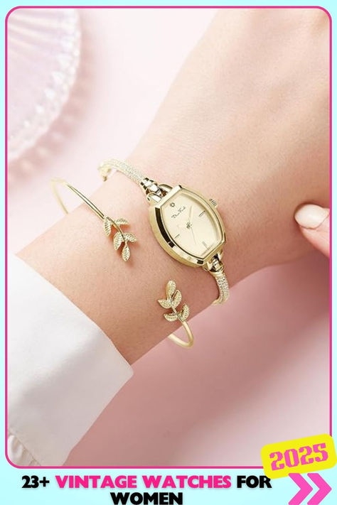 Gold oval vintage watch paired with a dainty bracelet. The combination of elegance and delicacy makes it a great everyday accessory, perfect for casual yet refined looks. Watches For Women, Dainty Bracelet, Dainty Bracelets, Everyday Accessories, Vintage Watches, Bracelet, For Women, Gold