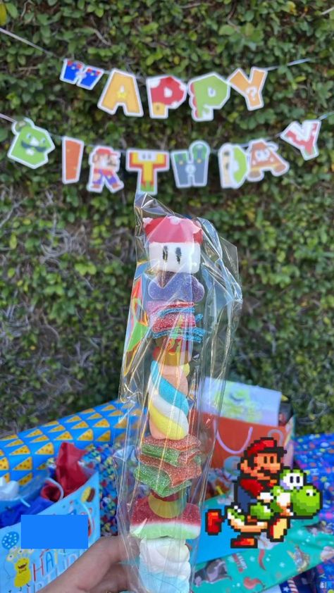 Mario Candy Kabobs, Super Mario Candy Kabobs, Candy Kabobs, Super Mario Birthday Party, Candy Bark, Mario Birthday Party, Super Mario Birthday, Super Mario Party, Candy Party Favors