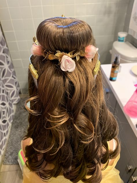 Princess Belle Hairstyle For Kids, Bell Hairstyle Disney, Beauty And The Beast Hairstyle, Belle Hairstyle Disney, Princess Belle Hairstyle, Princess Belle Hair, Princess Belle Party, Belle Hair, Bella Disney