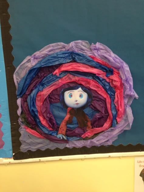 My year seven Coraline display. Coraline Haunted House, Halloween Door Decorations Coraline, Caroline Door Decoration, Caroline Halloween Decoration, Coraline Outdoor Decorations, Tim Burton Door Decorations, Coraline Classroom Door, Coraline Door Tunnel, Coraline Christmas Tree