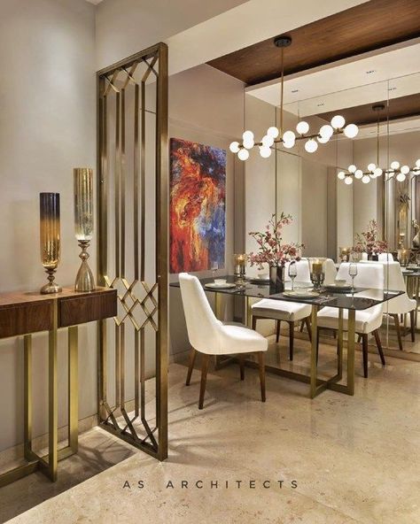 Hall Divider Interior Design, Hall Divider, Partition Between Living And Dining, Room Divider Living Room, Metal Dining Room Table, Metal Partition, Paintings Living Room, Partition Designs, Painted Living Room Furniture