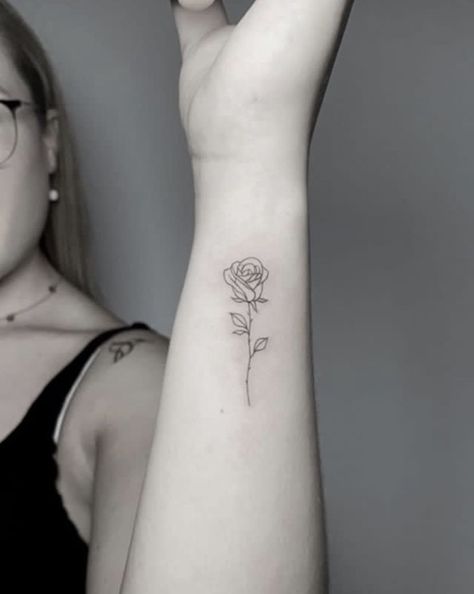 Rose On Arm Tattoo Women, Fine Line Rose Tattoo Forearm, Fine Line Rose Tattoo Arm, Rose Tatoos Arms, Rose Tattoo On Forearm For Women, Rose Tattoo On Arm For Women, Small Rose Tattoo Placement, Forearm Rose Tattoo Women, Rose Tattoo Back Of Arm