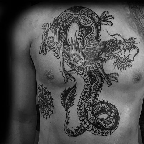 50 Traditional Dragon Tattoo Designs For Men - Retro Ideas Traditional Tattoo Dragon, Dragon Traditional, Traditional Tattoo Black And Grey, Traditional Chest Tattoo, Dragon Tattoo Chest, Dragon Tattoo Drawing, Dragon Tattoo Meaning, Tattoo Black And Grey, Americana Tattoo