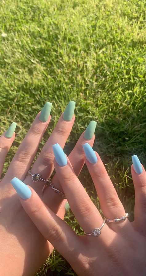 colourful different colour nails on each hand 😌 #green #blue #nails #acrylic #coffinnails #coffin #colours #summer #long #fun #tiktok #aesthetic #spring #summernails #summercolor #color Acrylic Nails Different Colors Each Hand, Two Different Nails On Each Hand, Nail Polish Different Colors On Each Hand, Two Different Colored Nails On Each Hand Acrylic, Nails Each Hand Different Color, Acrylic Nails 2 Different Color Hands, Fun Solid Color Nails, Simple Spring Nails Solid Color, Nail Different Colors Each Hand