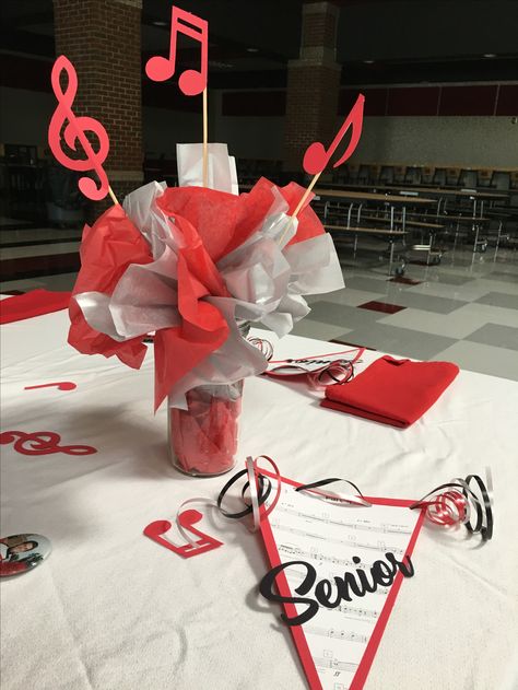 Drummer Party Centerpieces, Marching Band Party Decorations, Marching Band Themed Party, Music Themed Centerpieces Diy Table Decorations, Piano Centerpiece Ideas, Graduation Party Ideas Marching Band, Senior Marching Band Gifts, Rock And Roll Theme Party Centerpieces, Senior Night Marching Band