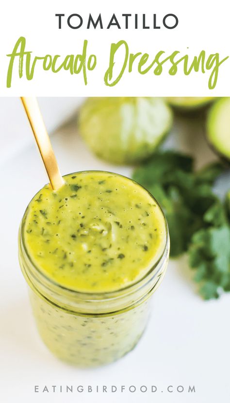 A creamy tomatillo avocado dressing that's just like the Chopt Mexican Goddess dressing -- can be used as a dip, sauce or dressing. Vegan, gluten-free, and paleo-friendly. #vegan #glutenfree #paleofriendly #saladeveryday #saladdressing #healthysaladdressing #chopt #mexicangoddess Tomatillo Salad Dressing Recipes, Chopt Mexican Goddess Dressing, Tomatillo Salad Dressing, Chopt Copycat Recipes, Tomatillo Recipes, Buddha Bowl Sauce, Salsa Tomatillo, Cilantro Dressing, Dip Sauce