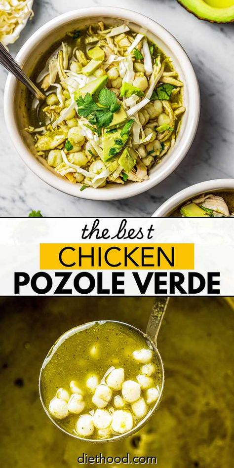 This chicken Pozole Verde, also known as Green Pozole, is a healthy, hearty, and flavorful Mexican stew. Made with tender shredded chicken and white hominy in a vibrant green chile broth, it’s incredibly delicious and so easy to prepare! Crockpot Green Pozole, Green Chile Pozole Mexican Recipes, Green Verde Chicken Soup, Easy Chicken Pozole Verde, Green Chicken Pozole Recipe Crock Pot, Crockpot Chicken Posole, Verde Pozole Chicken, Easy Green Pozole Recipe, Chicken Pozole Soup