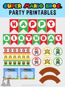 The Super Mario party printables set includes:  Birthday Banner Cupcake toppers Cupcake Wrappers Napkin Holders Thank-you cards Once you download the set, all you have to is print, cut out and you are ready to go! Super simple and a great way to have a themed party without the added expense. Super Mario Party Ideas, Mario Party Ideas, Super Mario Free, Mario Birthday Banner, Super Mario Cupcakes, Super Mario Invitation, Nintendo Party, Super Mario Bros Birthday Party, Super Mario Bros Games