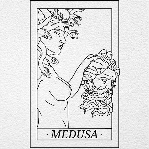 Drawing Ideas Medusa, Medusa Holding Poseidon Head, Medusa Tattoo Holding Head, Medusa Tarot Card Tattoo Design, Medusa Tattoo Line Art, Medusa Line Drawing, Medusa Tarot Tattoo, Medusa Card Tattoo, Fine Line Medusa