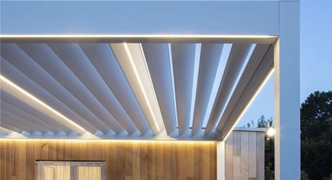 Awning and Pergola Lighting Ideas | Broadview Awning Lighting Ideas, Pergola Led Strip Lighting, Black Pergola, Awning Lights, Aluminum Awnings, Balcony Lighting, Colored Light Bulbs, Outdoor Led Strips, Outdoor Awnings