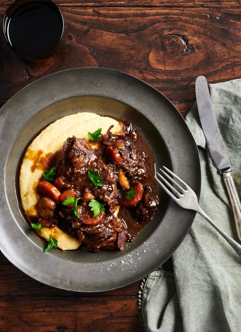 Polenta Parmesan, Dish Magazine, Parmesan Polenta, Mediterranean Foods, Beef Cheeks, Red Wine Sauce, Winter Dishes, How To Cook Beef, Braised Short Ribs