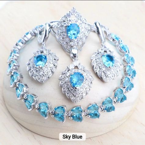 Ready to Ship 925 Silver Platinum Plated Wedding Sky Blue Zircon Jewelry Sets For Women Bridal Costume Stone Earrings Bracelets Rings Pendant Necklace Set Ring size:6,7,8,9,10 . . . . . #finejewelry #jewelryset #beautfuljewelry #weddingjewellery #weddingjewelleryset #yellowjewelry #zirconiajewelry #luxuriousjewelry #brides #bridejewelry #womenjewelry #haldiceremony #925silver #platinumplated Wedding Sky Blue, Wedding Necklace Set, Yellow Jewelry, Crystal Jewelry Sets, Silver Jewelry Earrings, Zircon Jewelry, Set Ring, Ruby Jewelry, Ring Pendant Necklace