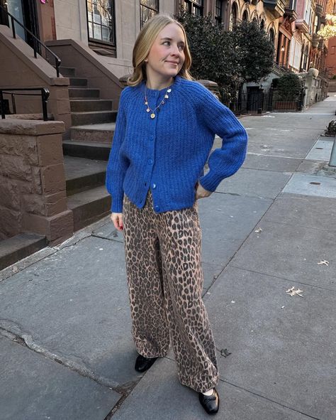 really into this color lately 💙🫐 @sezane #sezanelovers outfit: https://liketk.it/4ys5F 🏷️ leopard pants, leopard print, leopard outfit, blue sweater, blue cardigan, cardigan outfit, ballet flats, ballet flats outfit, Pinterest girl, Pinterest aesthetic, fashion trends, spring style Leopard Ballet Flats Outfit, Blue Flats Outfit, Animal Print Pants Outfit, Outfit Ballet Flats, Leopard Cardigan Outfit, Leopard Pants Outfit, Blue Cardigan Outfit, Blue Sweater Outfit, Leopard Outfit