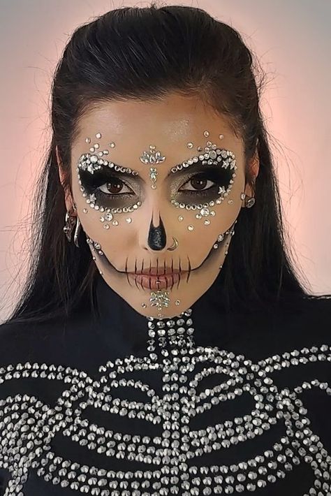 Photo edited by AirBrush App. Tools - Relight: Backligh. #retouch #filter #airbrushapp #photoeditor #airbrushfilter Gemstone Face Makeup, Crystal Skull Makeup, Skeleton Makeup With Gems, Face Jewels Ideas, Dia De Los Muertos Outfit Ideas, Skeletal Makeup, Rhinestone Skull Makeup, Glam Skull Makeup, Glam Skeleton